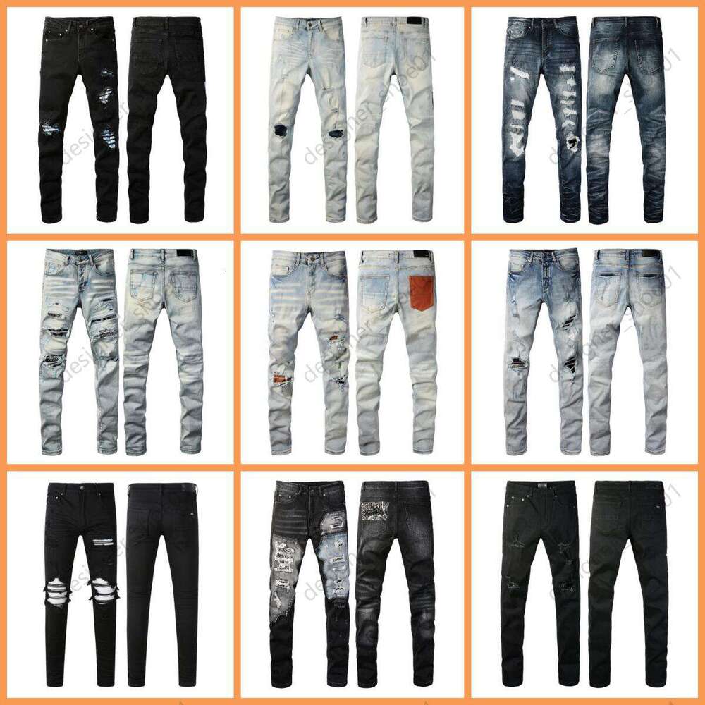 Designer Jeans Mens Amirirjeans purple jeans High Street Hole Star Patch Men's womens star embroidery panel trousers stretch slim-fit trousers pants I9