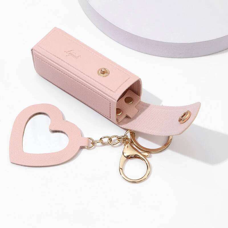 Portable Leather Lipstick Makeup Pouch Lip Balm Bag Keychain Holder Lipsticks Protective Cover With Mirror XJ260106
