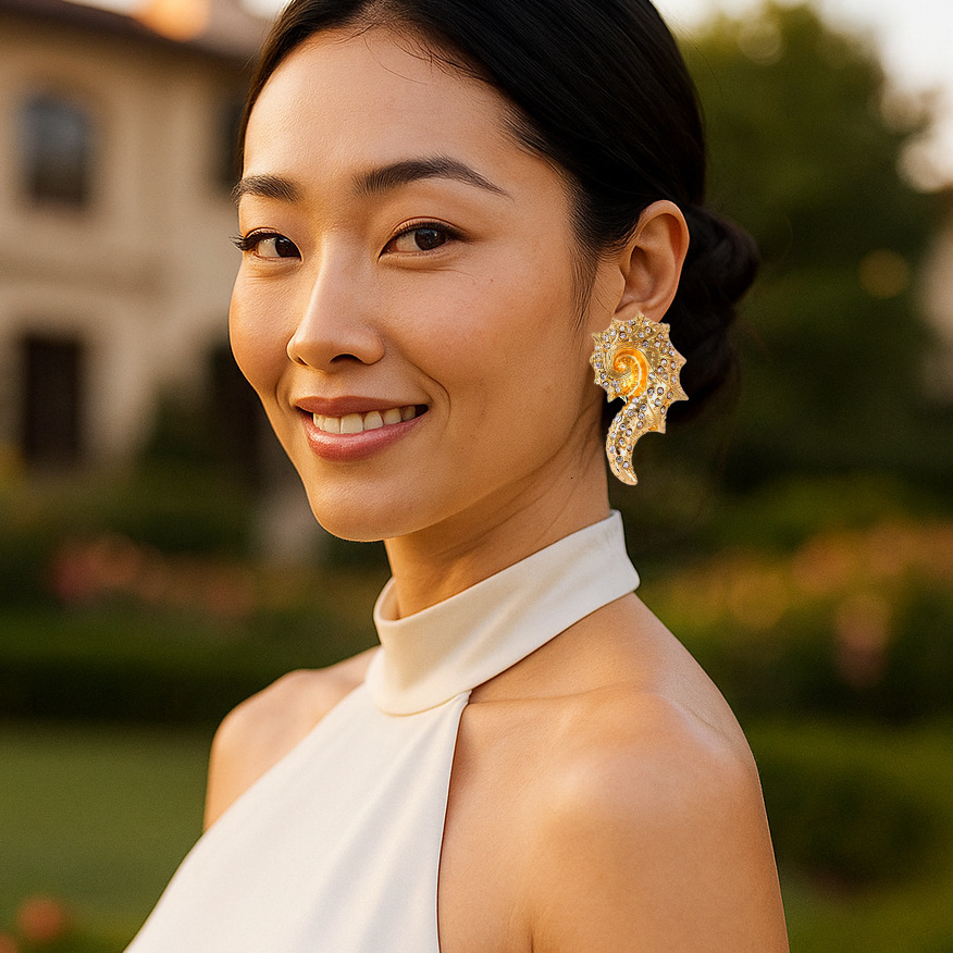 Ocean Minimalist Style Light Luxury High-End Design Exaggerated Alloy Inlaid Zircon Unique Conch Women's Earrings