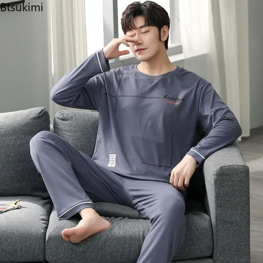 Fashion Lounge Pajamas Sets Mens Spring Longsleeved Tops with Trousers Cotton Homewear Comfort Simple Sleepwear Two Pieces 260106