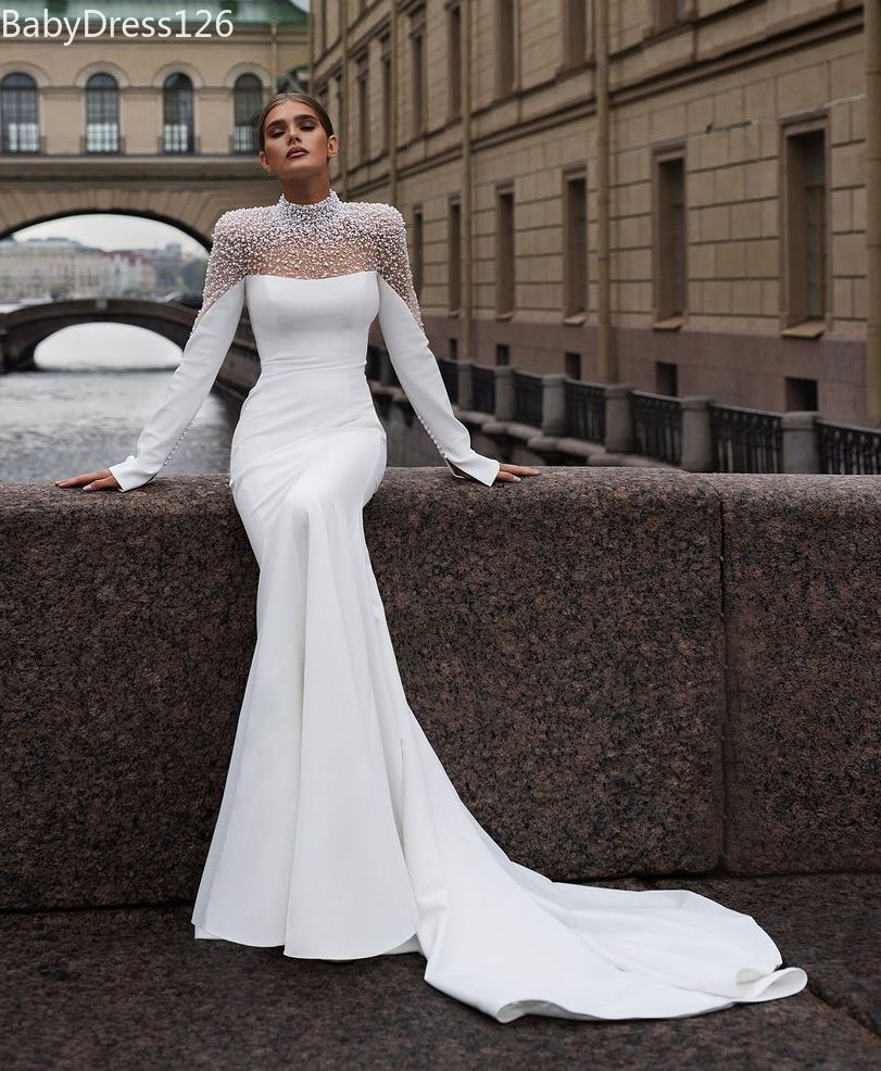 Luxury Pearl Beaded Mermaid Wedding Dresses Plus Size Long Sleeves Illusion High Neck Bridal Gowns Formal Bride Dresses Engagement Gowns D19