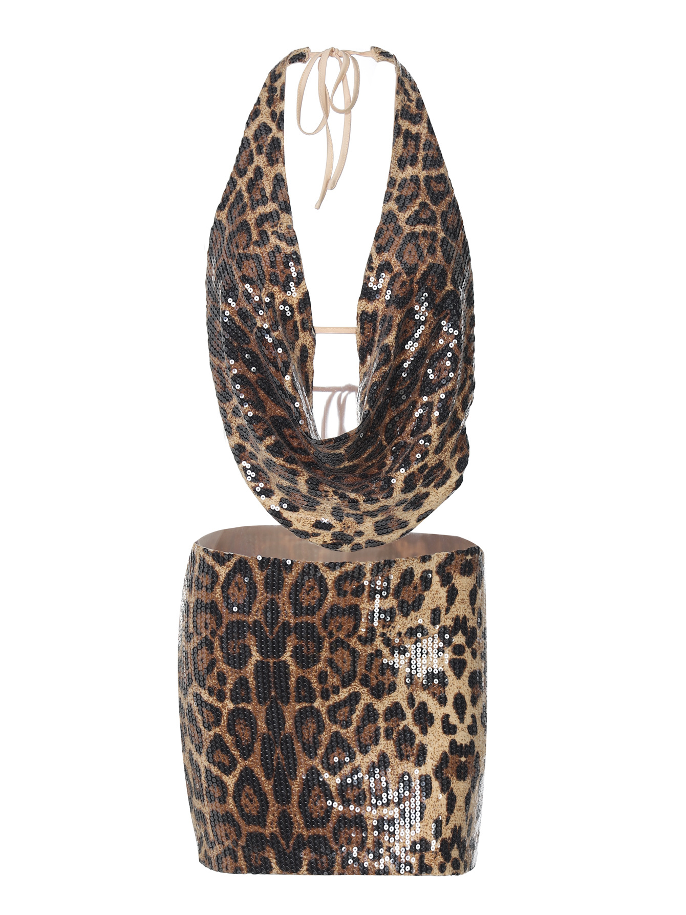 Women's Fall New Arrival Trendy Street Style Leopard Print Low-Cut Sequin Bodycon Dress Set