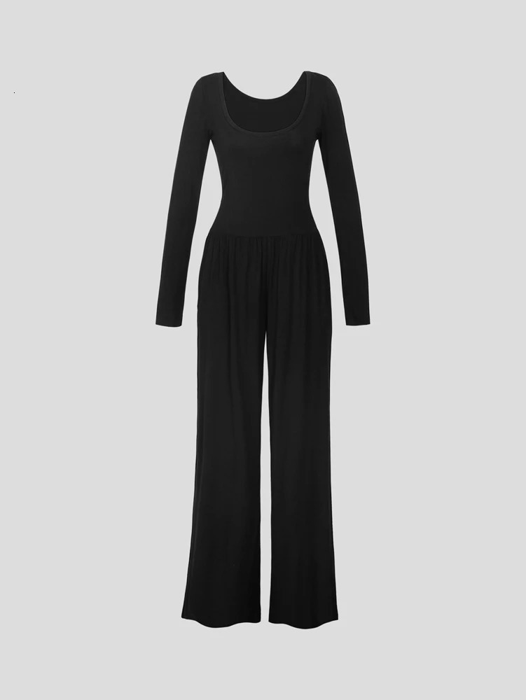Autumn Arrivals Black LongSleeved Square Neck Jumpsuit Casual Relaxed WideLeg 251231