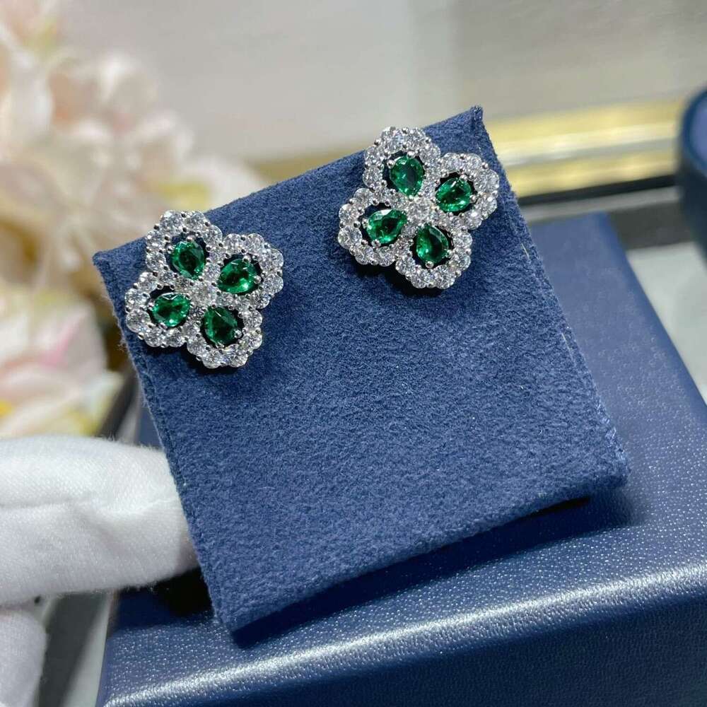 925 Sterling Silver Flower Green Ruby Blue VVS Moissanite Four-Leaf Clover Stud Earrings for Women
