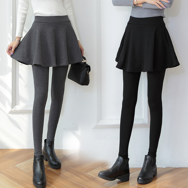 Women's Fleece-lined Layered Skirt Pants: Versatile Black Korean-style Ruffled Trousers for Spring & Autumn