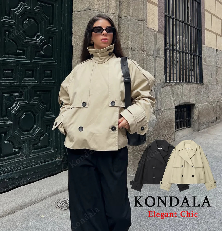 KONDALA Women Fall Elegant Trench Coat DoubleBreasted Short Windbreaker 2025 Spring Autumn High Street Commute Lady 260106