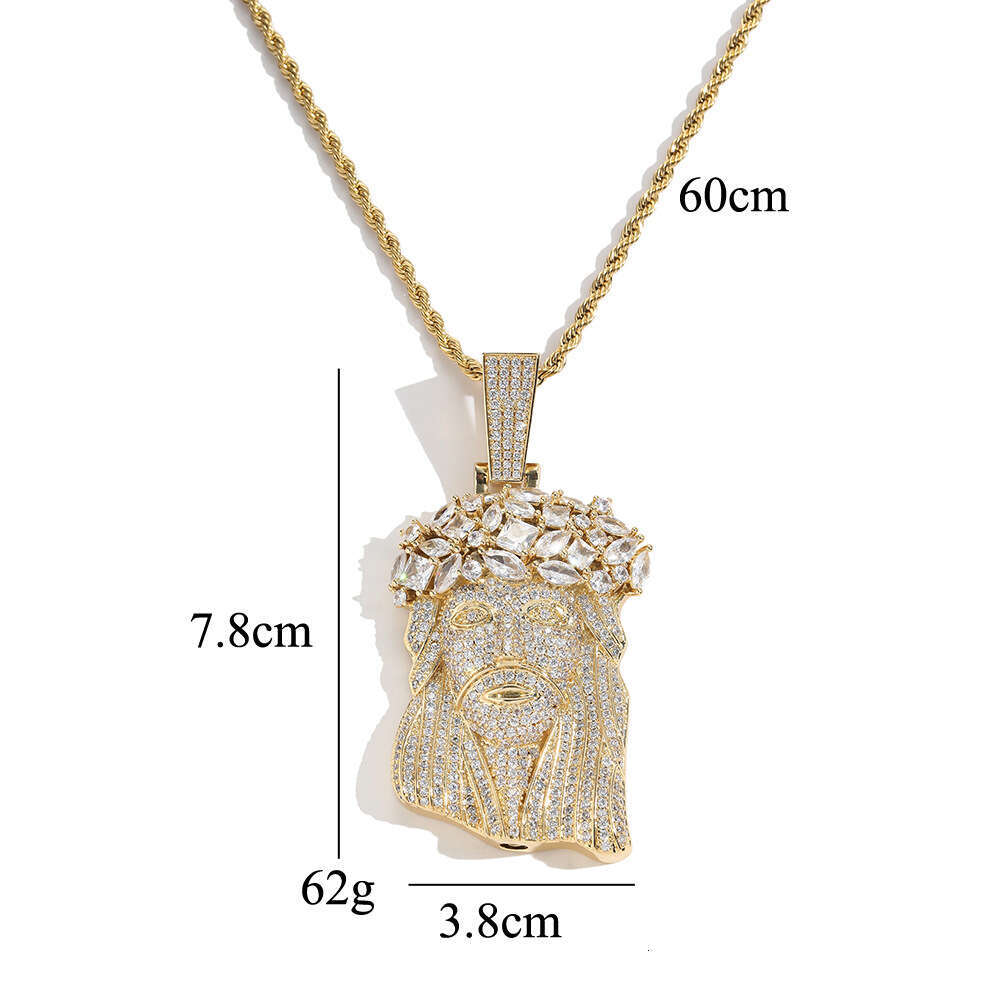 European And American Hip-Hop Copper Inlaid Zircon Personality Domineering Men's Necklace Cross-Border Human Face Head Pendant Chain