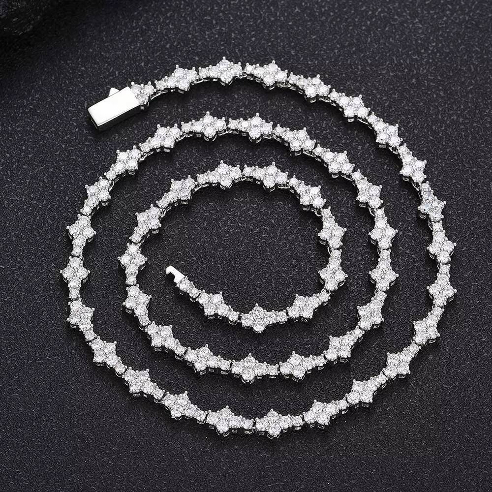 NUOYA 65mm Iced Out VVS Diamond Flower Shape Tennis Chain Hip Hop Jewelry 925 Sterling Silver Moissanite Tennis Chain Necklace