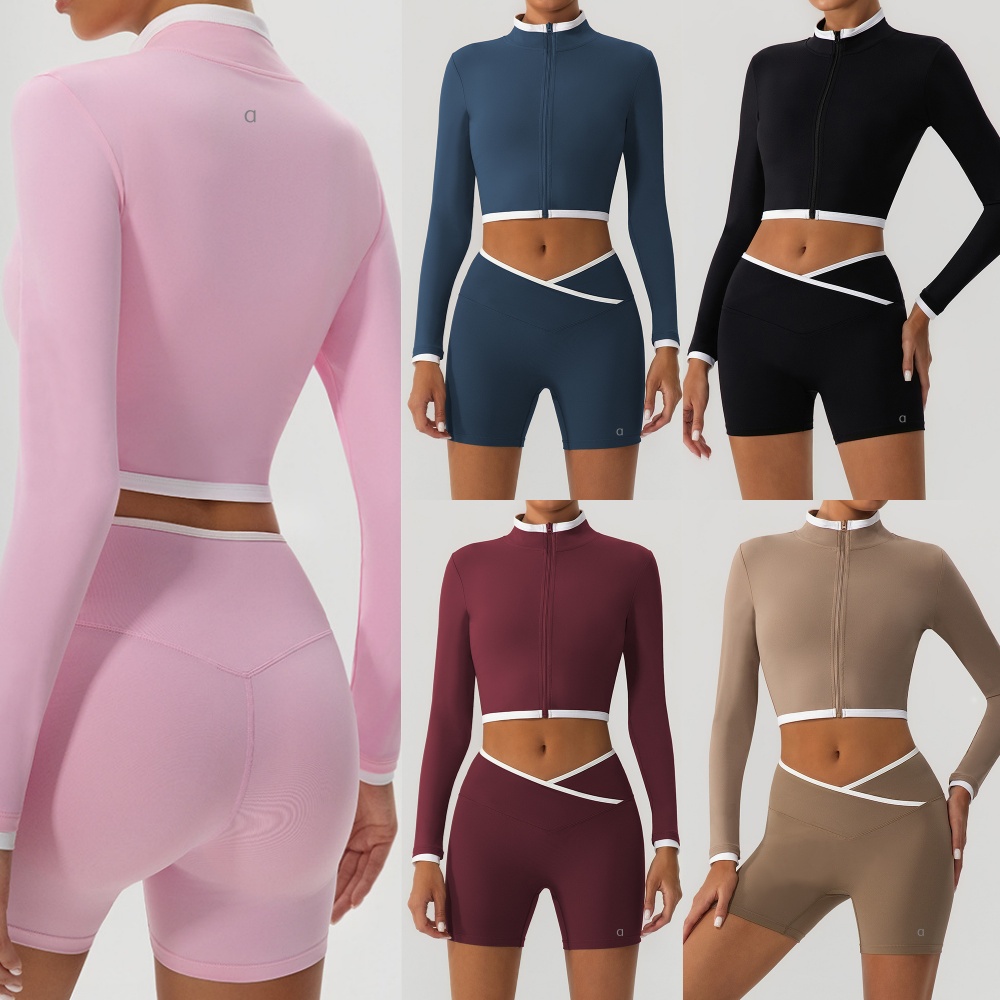 A1724 Women's Colorblocked Yoga Jacket with Stand-Up Collar Quick-Dry Peach Sports Pants Stretchy Full-Zip Sweatshirt Yoga Shorts for Body Shaping