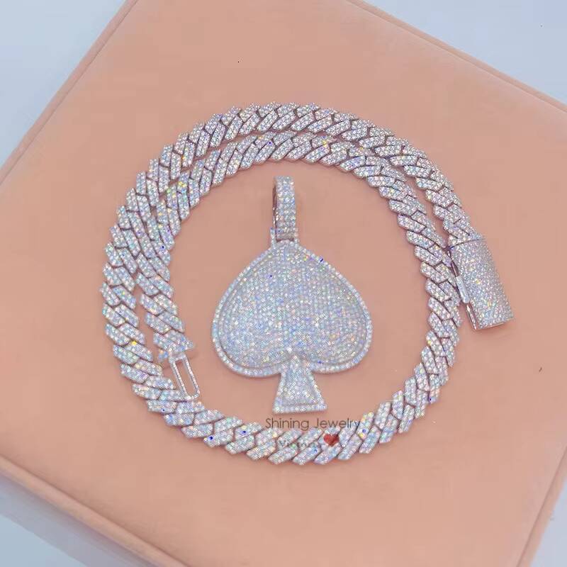 14K White Gold Fully Iced Out Moissanite Diamond Ace Spade Pendant