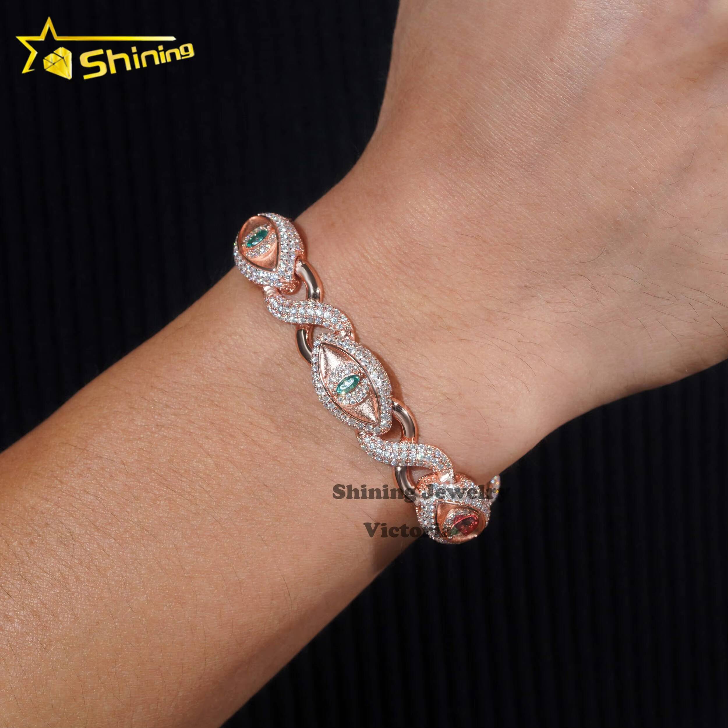New Trendy Iced Out 12MM Evil Eye Infinity Link Cuban Bracelet for Men Moissanite Diamond Rose Gold Hip Hop Charms Bracelet