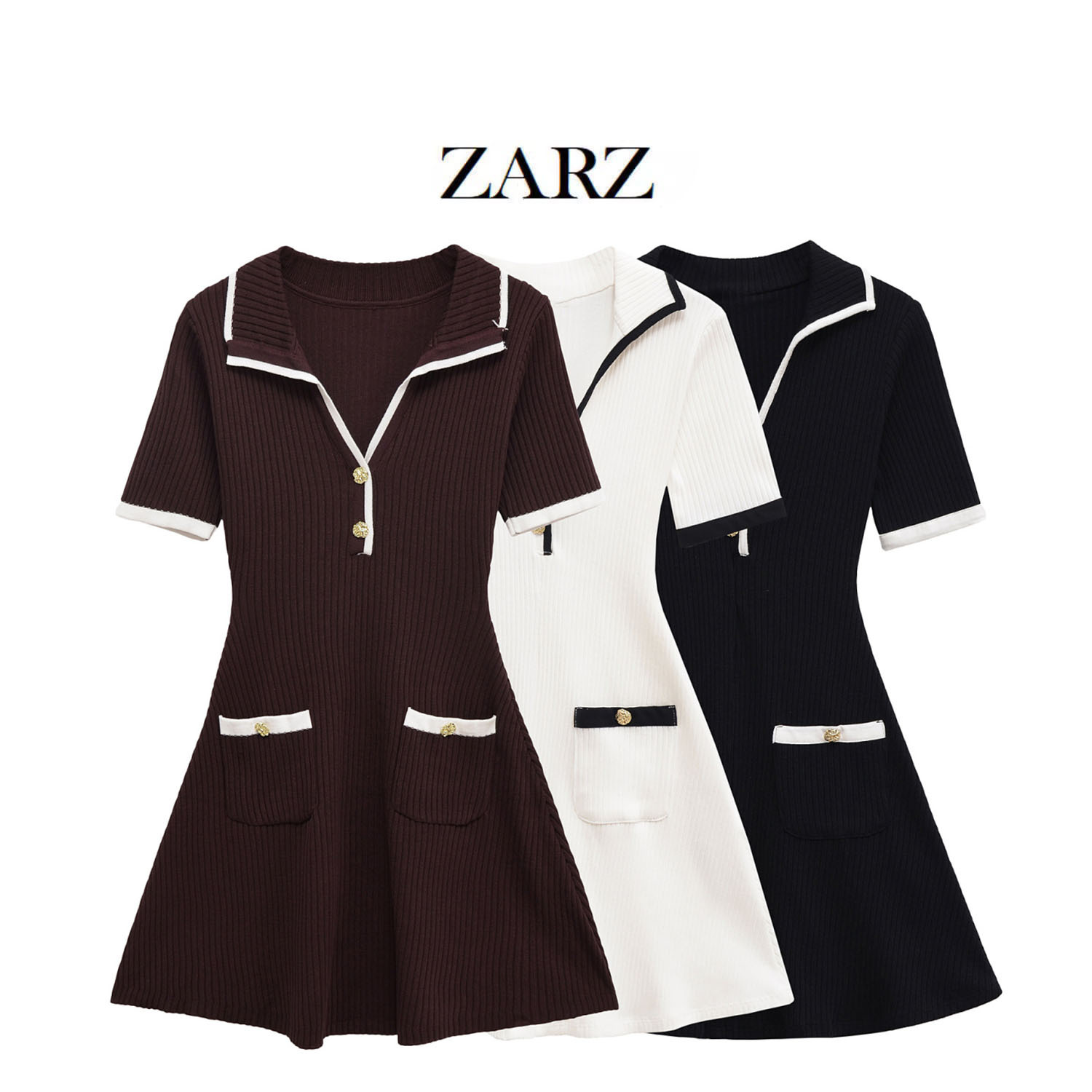 Free delivery women dress Fashionable casual women's wear simple style V-neck short skirt metal buttons ribbed