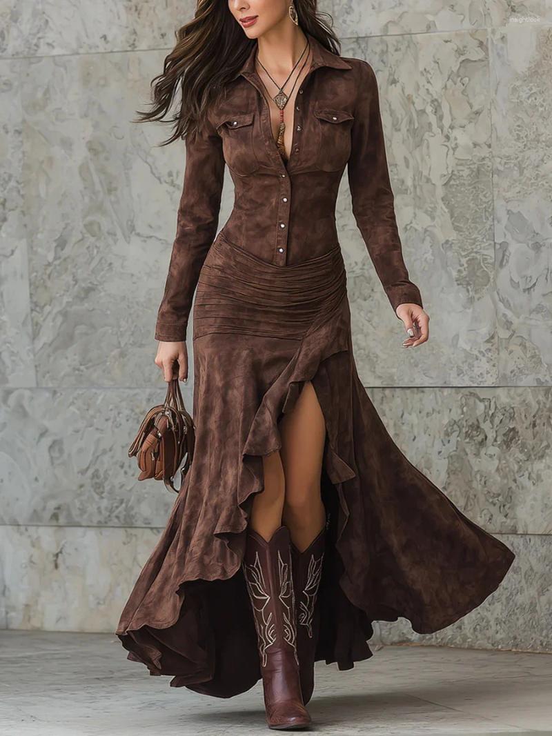 Casual Dresses Elegant Retro Solid Color Dress For Women Spring Autumn Fashion Lapel Button Long Sleeve Asymmetric Big Hem