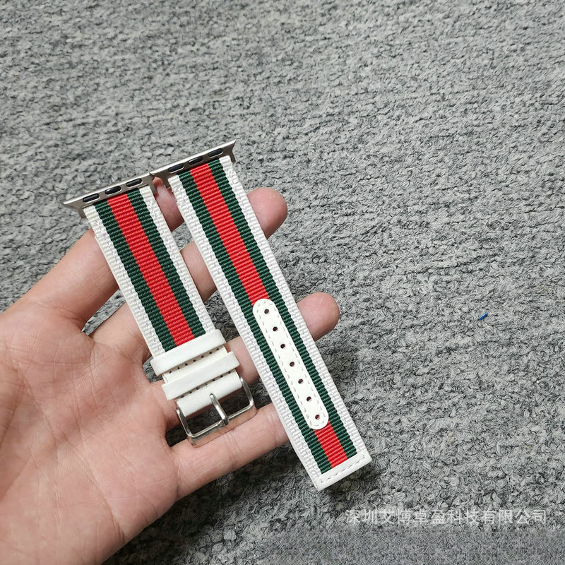 Compatible with Bee Red Green Striped Luxury Trendy Brand Apple Watch Nylon Strap Canvas S8 S7