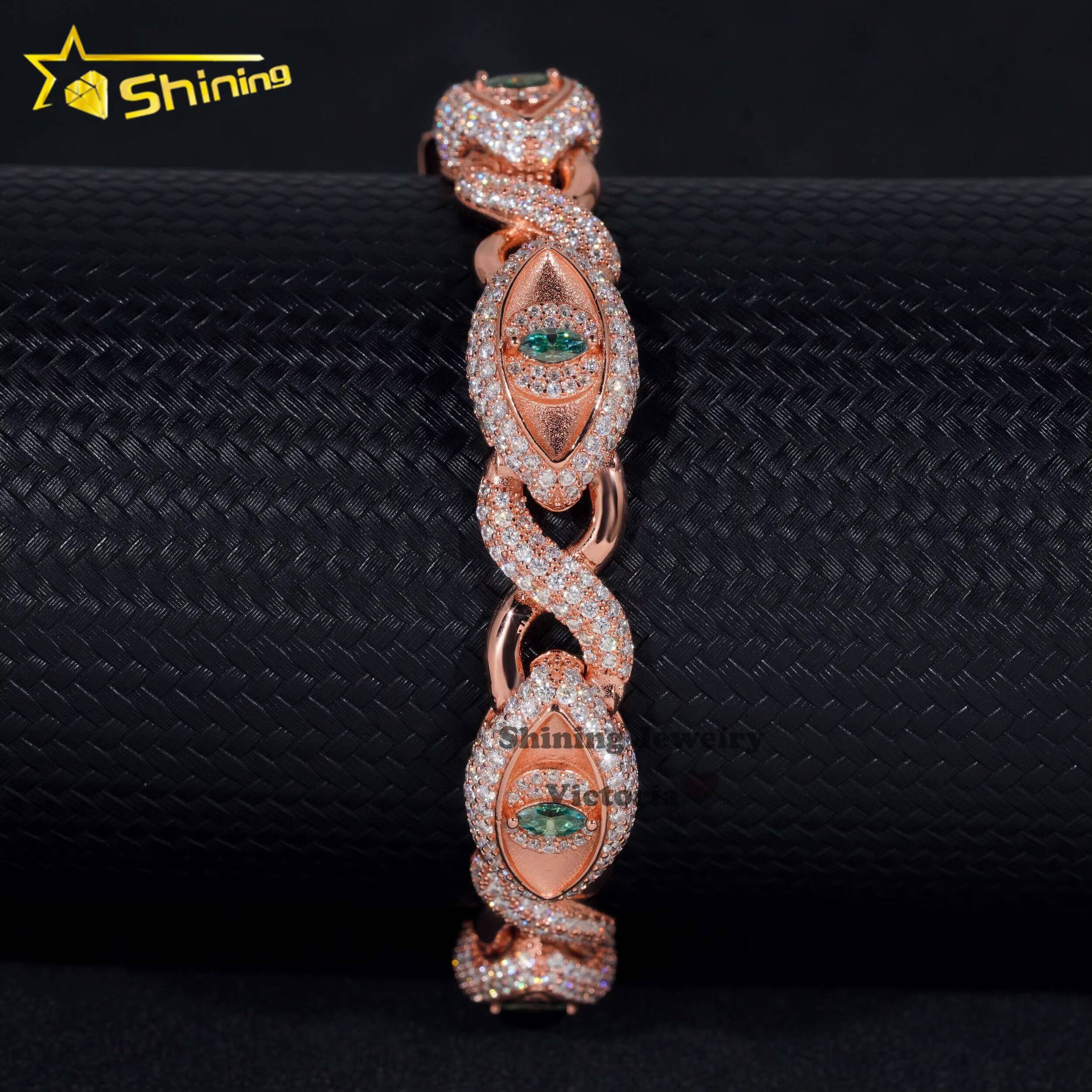 New Trendy Iced Out 12MM Evil Eye Infinity Link Cuban Bracelet for Men Moissanite Diamond Rose Gold Hip Hop Charms Bracelet