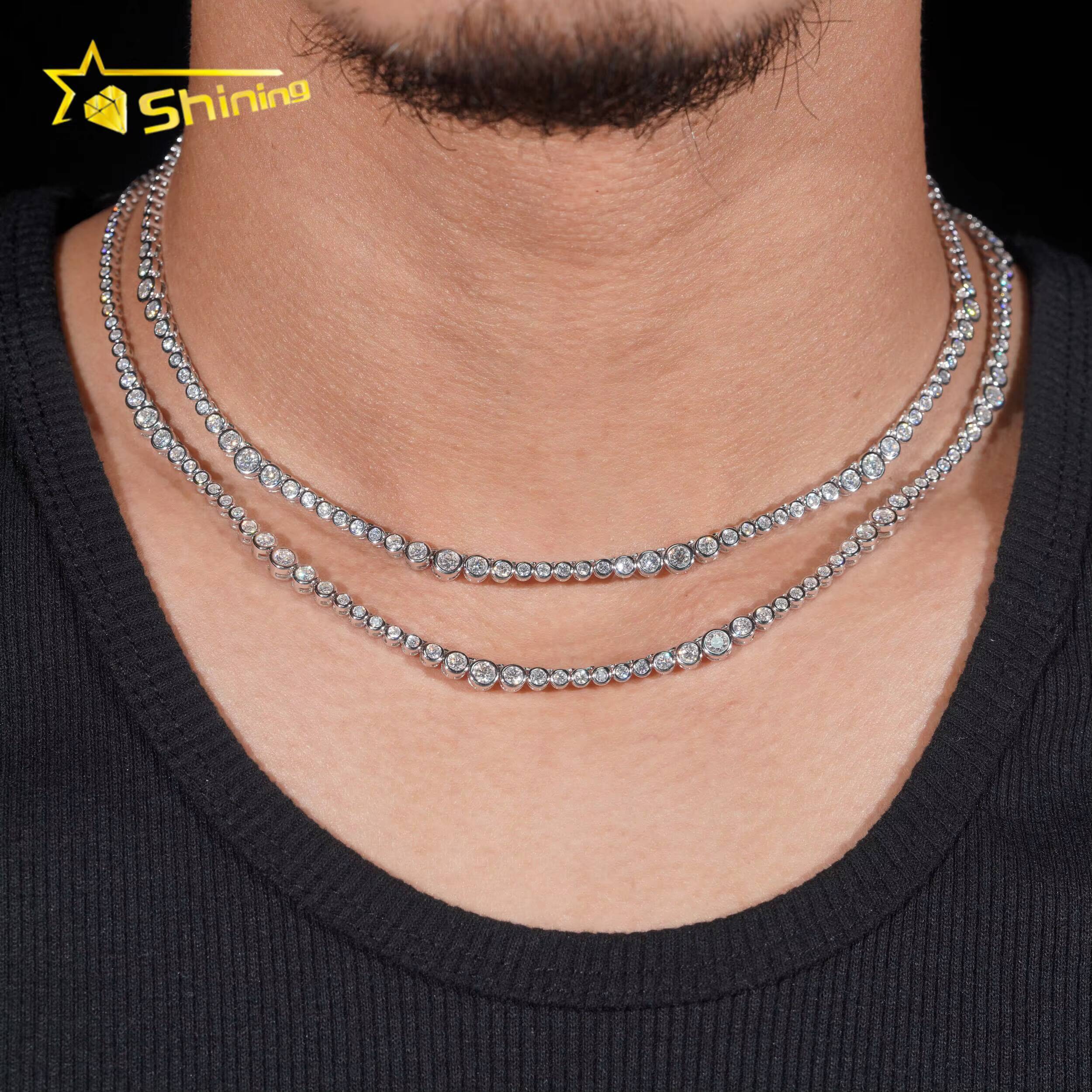 New Fancy Design Bezel Moissanite Choker Necklaces 925 Sterling Silver 2MM Hip Hop Moissanite Tennis Chain for Men Women