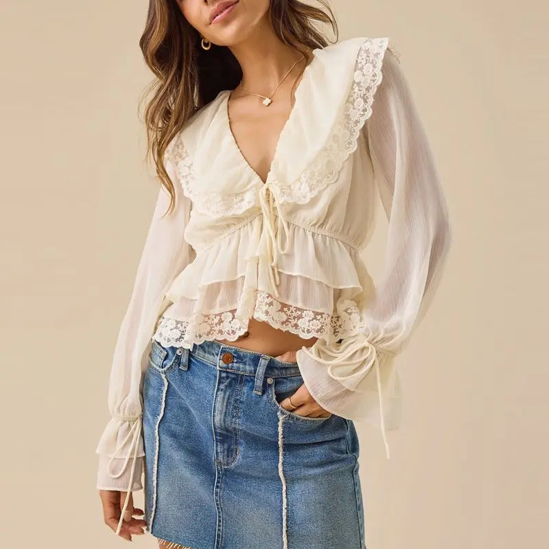Combhasaki Women Embroidery Floral Lace Trim Patchwork Ruffle Shirt Top Bow Tied Deep V Neck Flare Long Sleeve Crop Sheer Blouse 251231