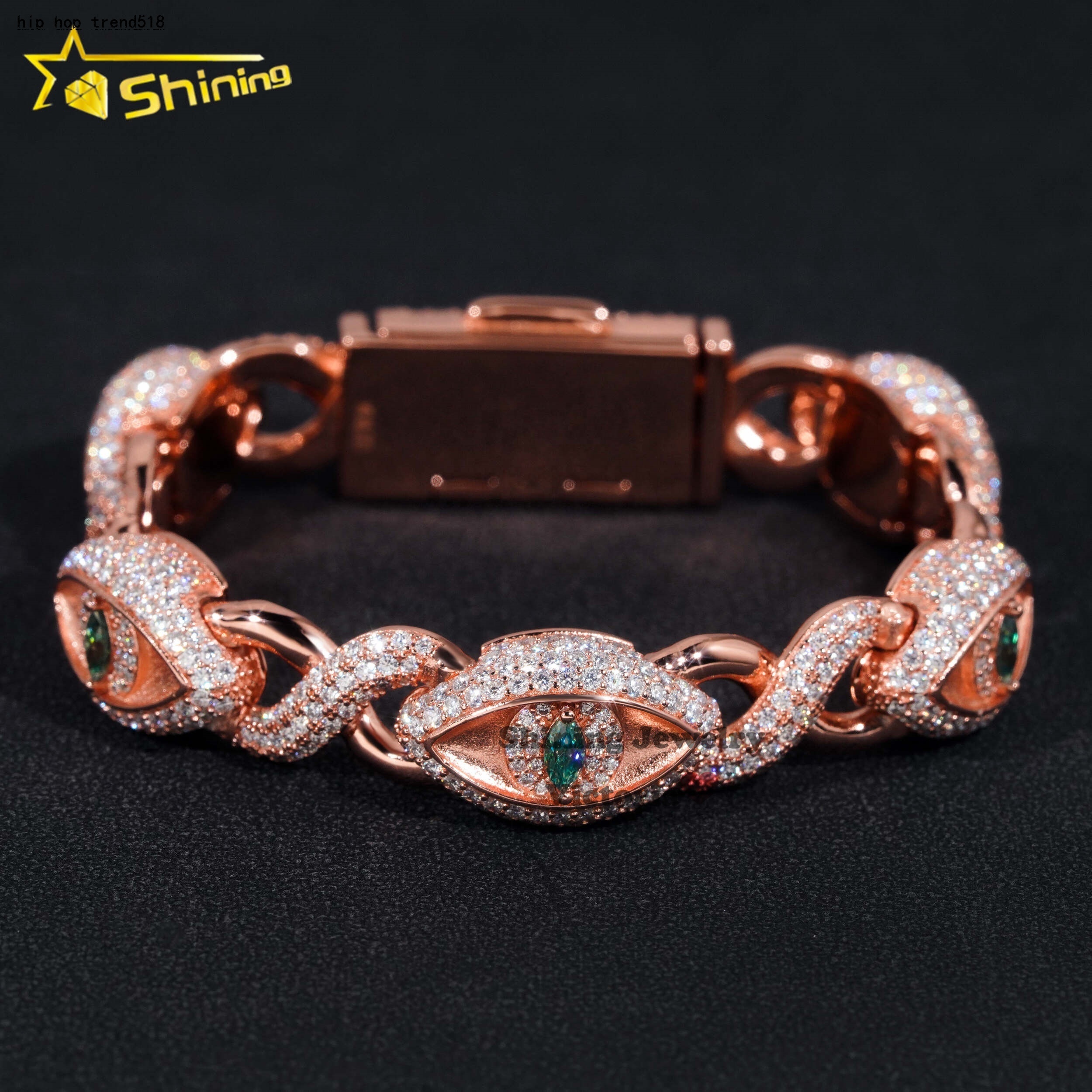 New Trendy Iced Out 12MM Evil Eye Infinity Link Cuban Bracelet for Men Moissanite Diamond Rose Gold Hip Hop Charms Bracelet