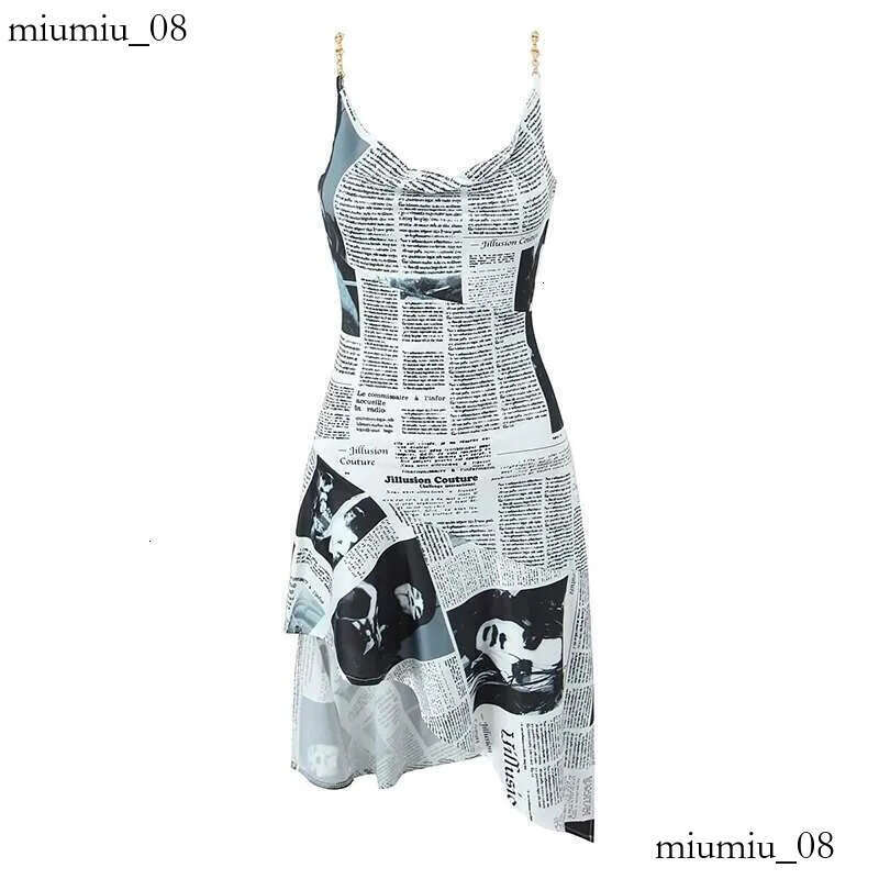 YENKYE New Women Newspaper Letter Print Irregular Hem Sg Dresses Fashion Backless Thin Straps With Chain Summer Sexy Dress