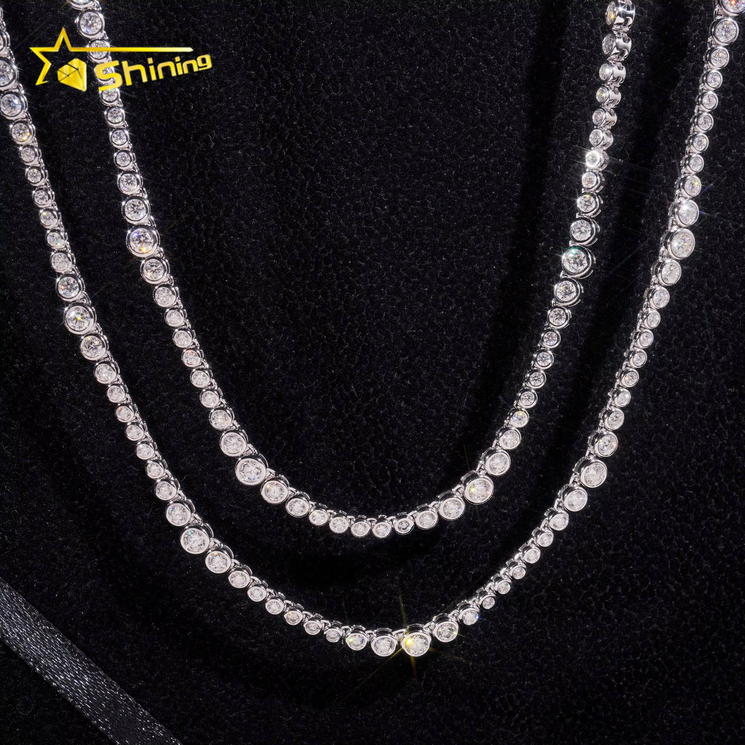 New Fancy Design Bezel Moissanite Choker Necklaces 925 Sterling Silver 2MM Hip Hop Moissanite Tennis Chain for Men Women