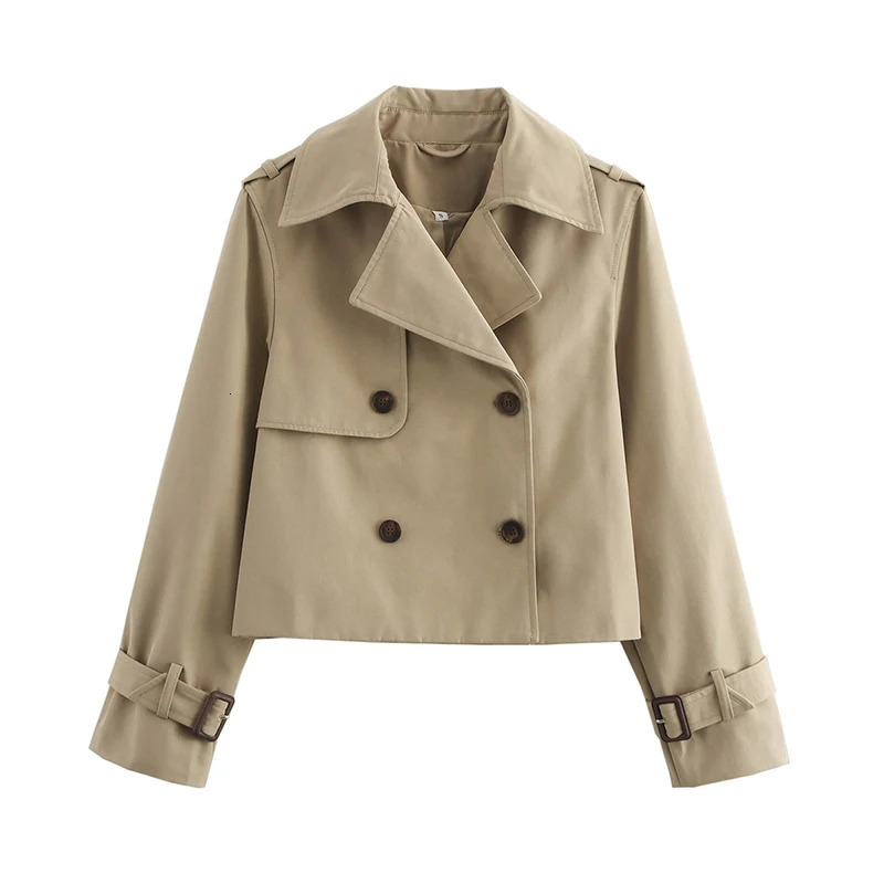 YENKYE Autumn Women Solid Cropped Trench Coat Vintage Double Breasted Long Sleeve Short Jacket Lapel Collar Windbreaker 260106