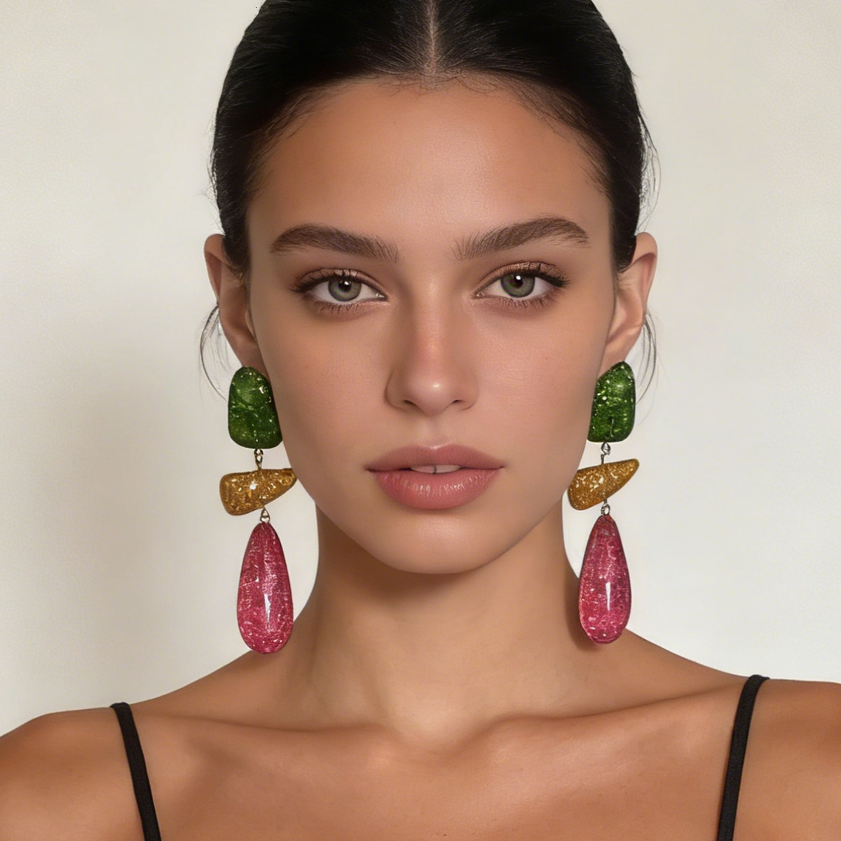 Exaggerated Retro Colorful Resin Irregular Geometric Patchwork Earrings Versatile Fashion Simple Style