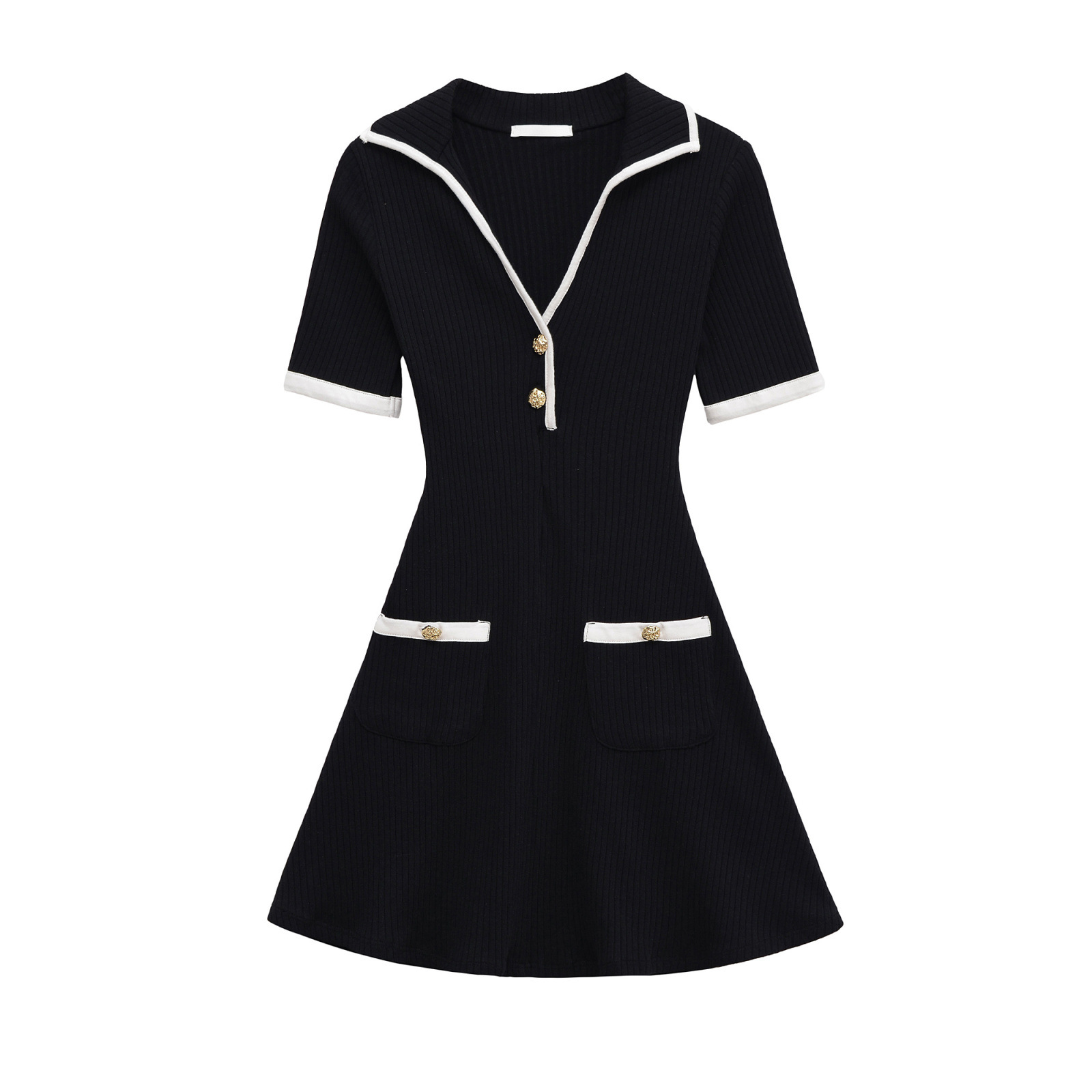 Free delivery women dress Fashionable casual women's wear simple style V-neck short skirt metal buttons ribbed