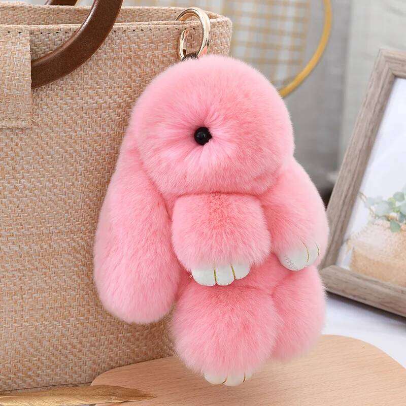 Fluffy Cute Bunny 18CM Real Fur Keychain Rex Rabbit Pom Gift Toy Doll Women Bag Pendant Charm Car Key Keyring Metal ring XJ260106