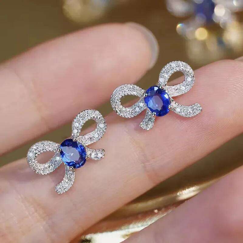 Blue Zircon Bow Stud Women Temperament Sweet Girls Earrings for Party Exquisite Birthday Gift