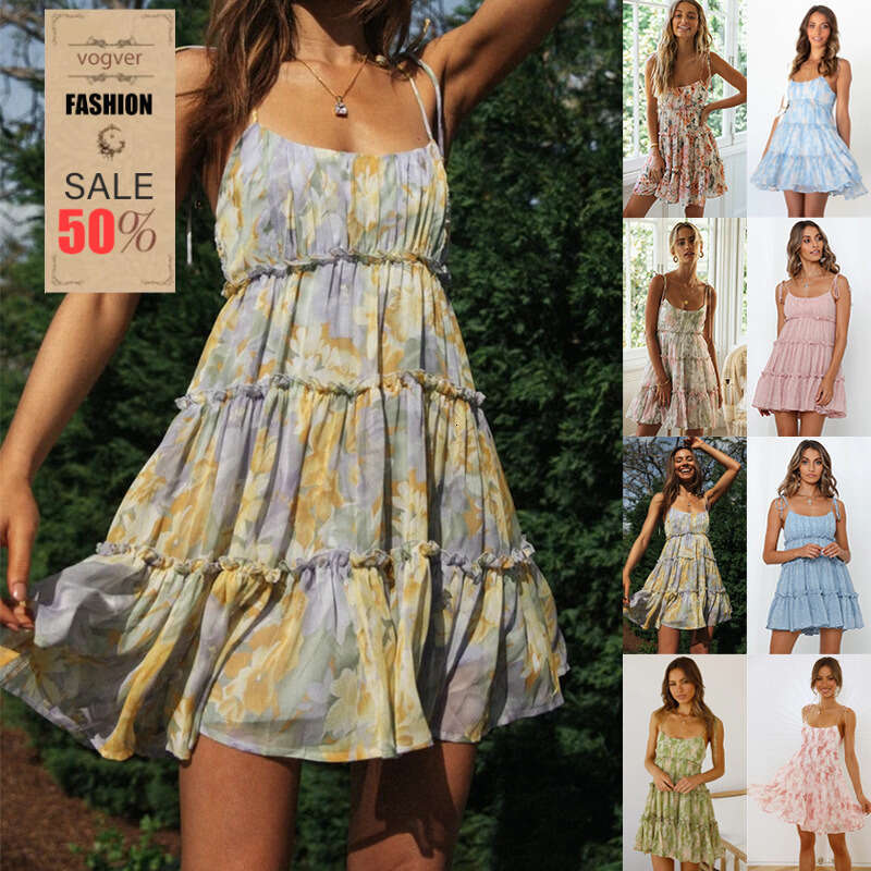 Dress Summer New Women's European American Style Vacation Printed Strap Dress Loose Backless Midi Dress Beach Seaside Daily Party Comfortable Versatile Dress