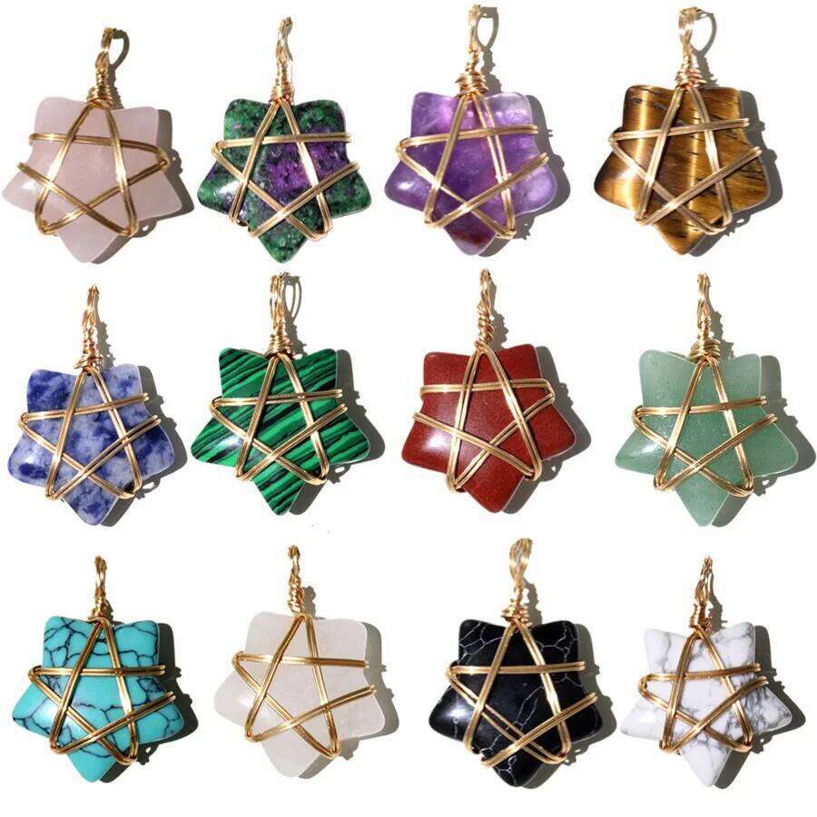 20Pcs Natural Stone Crystal Star Pendant Hand Wired Wrap Gemstone Charm for DIY Necklace Jewelry Making Christmas Gift accessory XJ260106