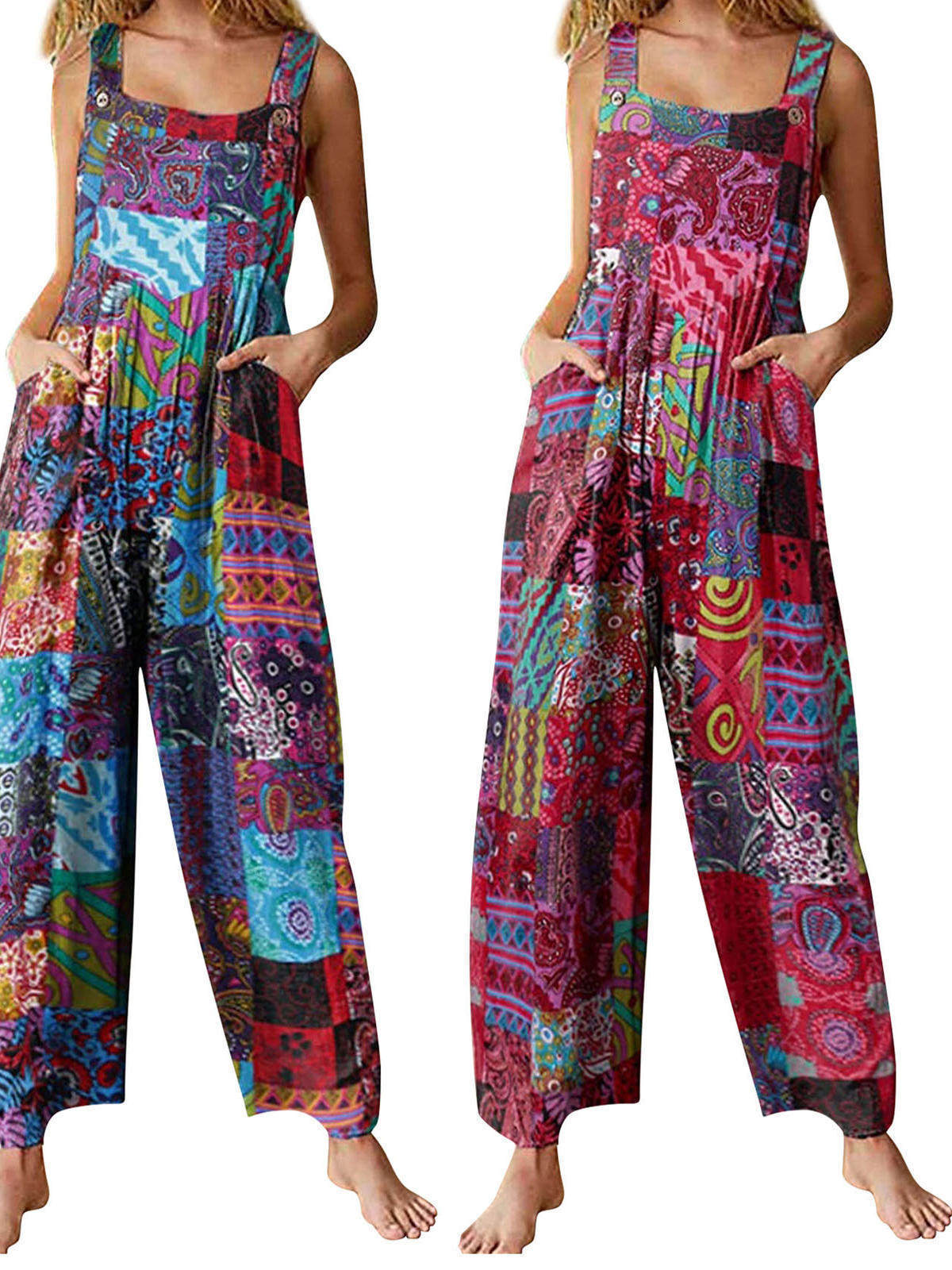 Patchwork Printed Jumpsuit Suspenders Patchwork Printed Overalls231123