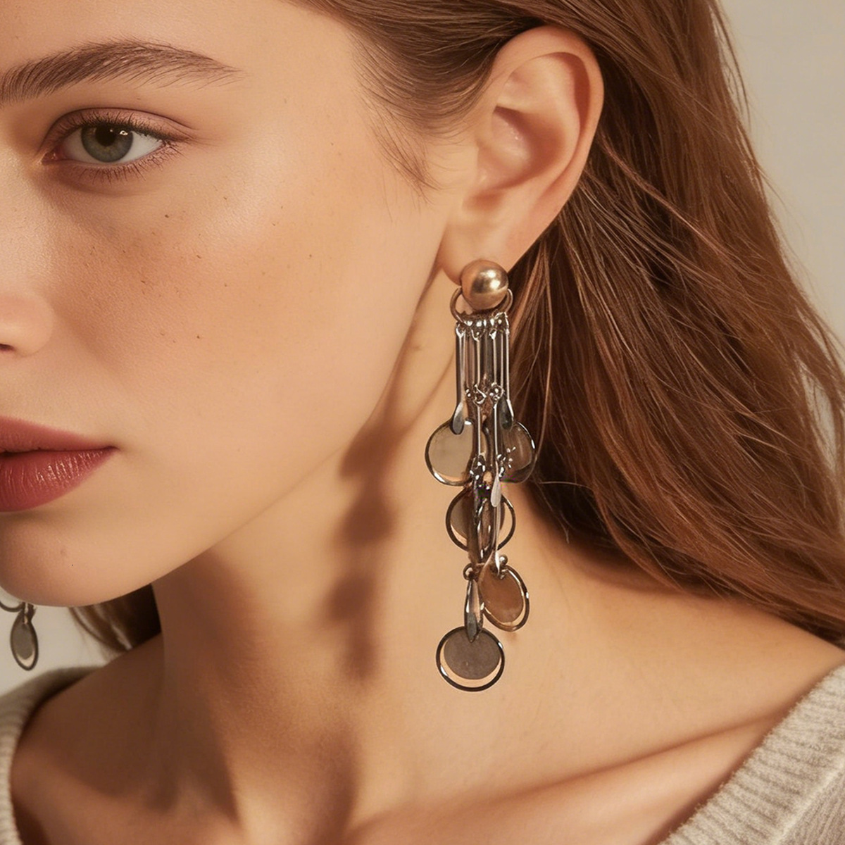 Light Luxury Trend Color-Block Metal Design Round Pendant Long Tassel Earrings