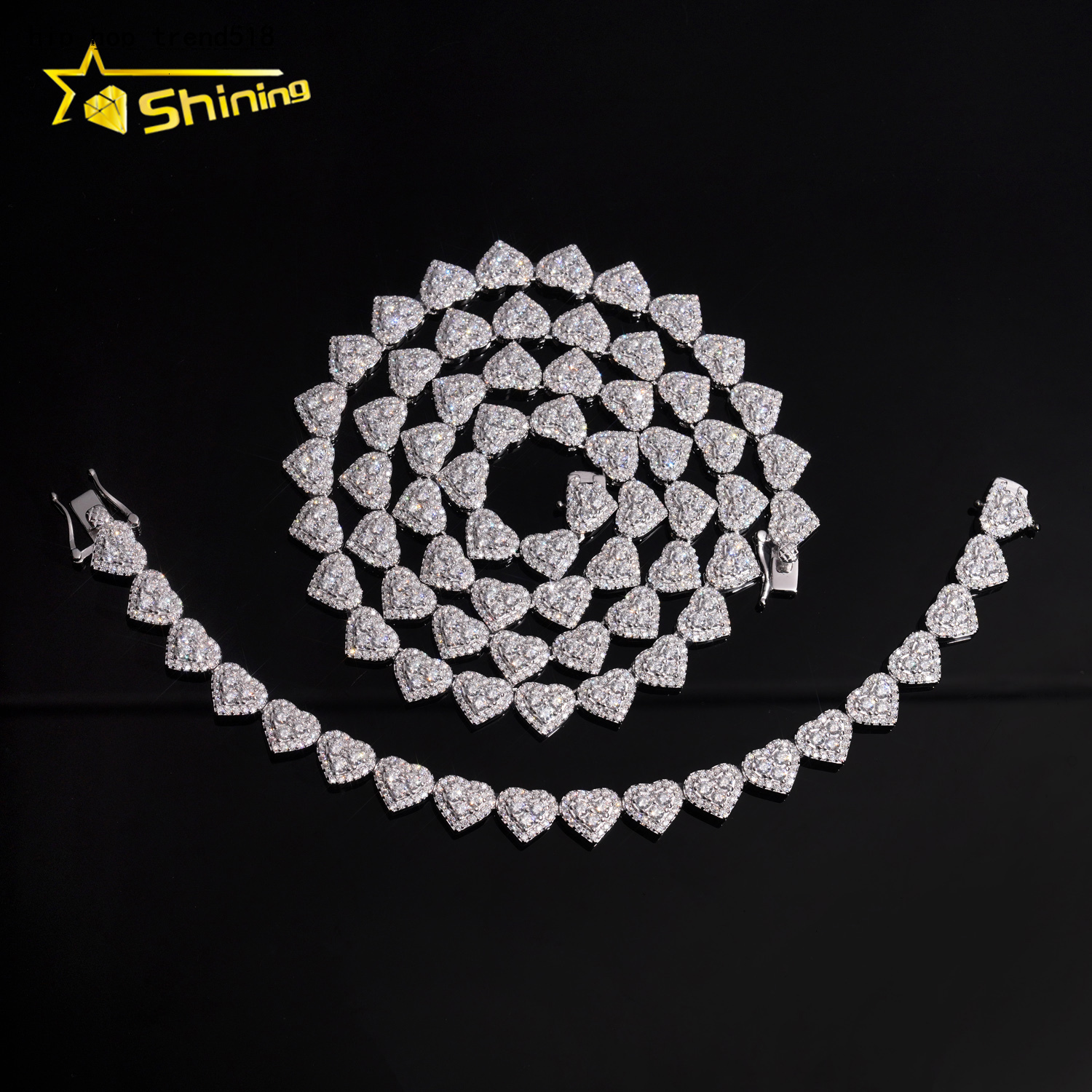 Bracelet moissanite Hi Hop 925 Silver Heart Shape Moissanite Bracelet Custom Iced Out GRA Certified Cuban Bracelets Necklace chain