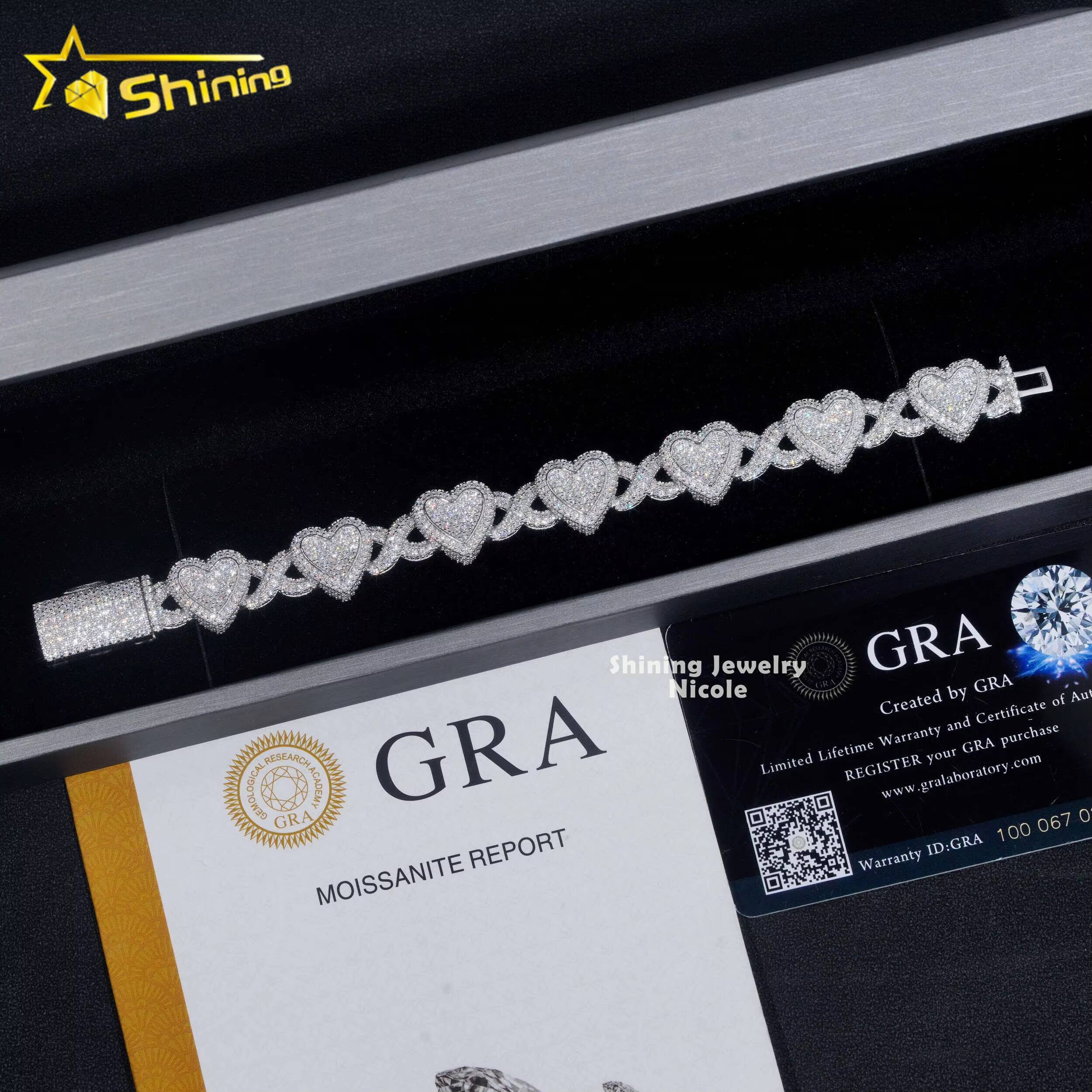 GRA Certificate Men Women Iced Out Hip Hop 925 Silver Heart Moissanite Infinity Cuban Link Bracelet