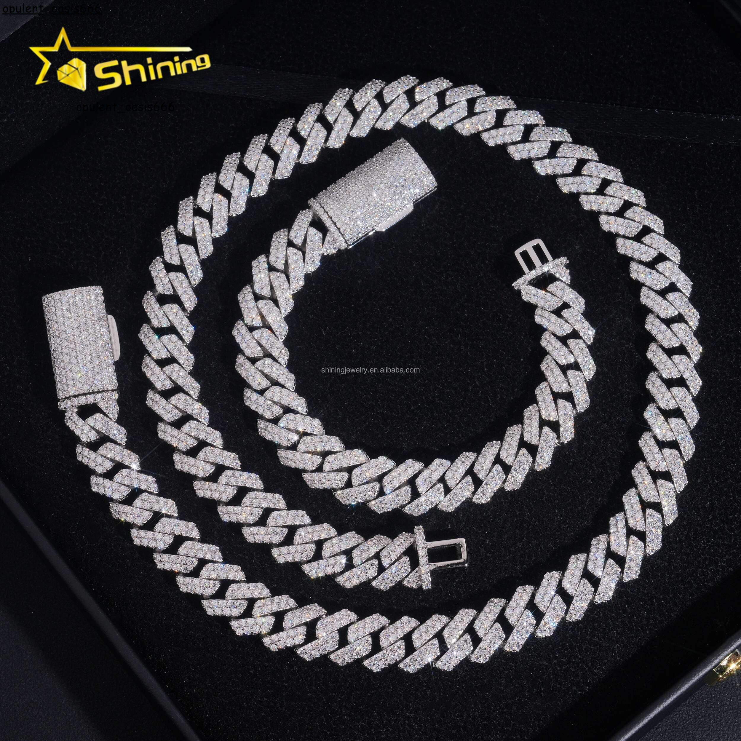 In Stock Luxury Jewelry Prong Setting 12mm Two Rows Iced Out Moissanite Diamond White S925 Sterling Silver Cuban Link Chain