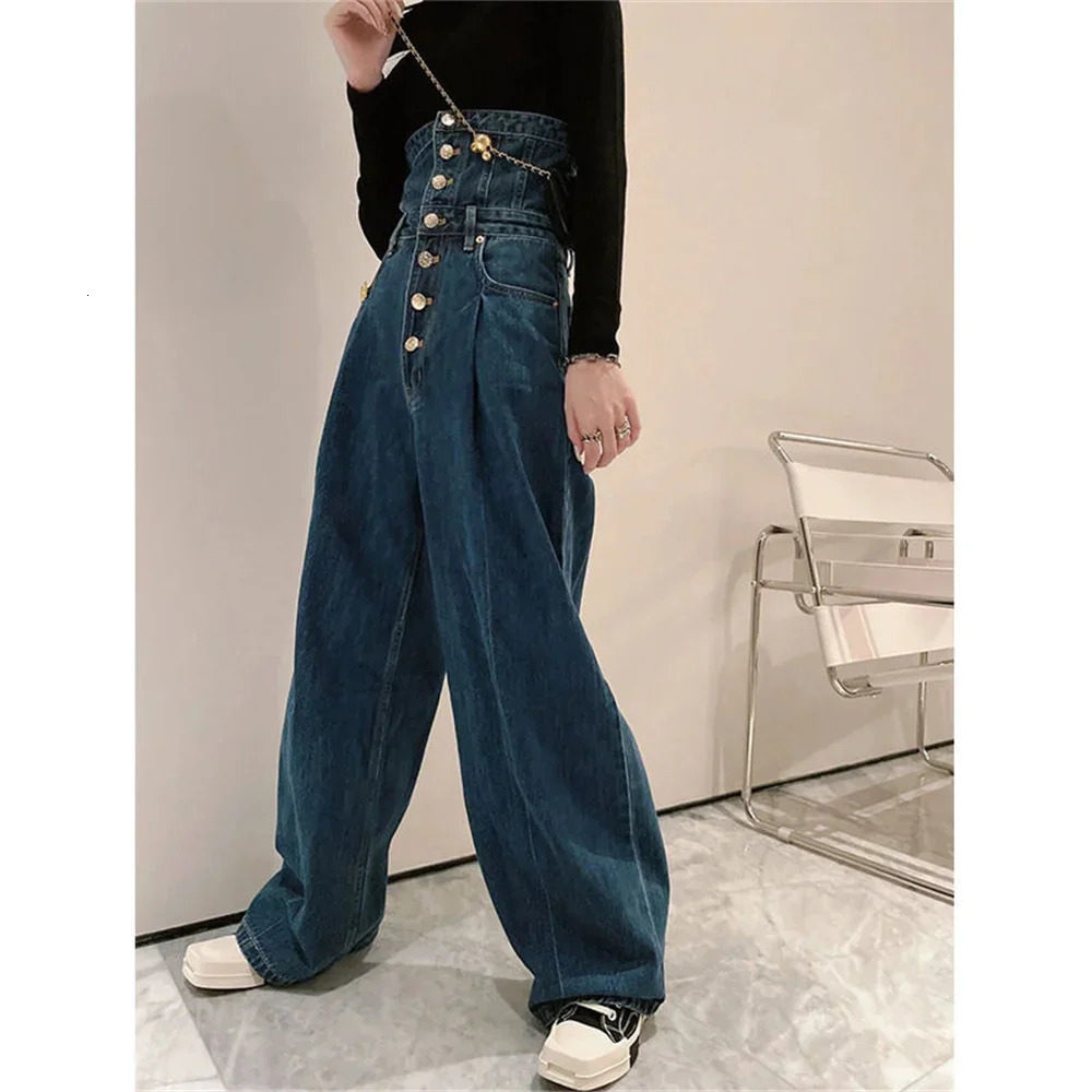 spring womens fashion high waist button up Womens Wide leg jeans baggy woman denim s Pants jean mom trousers 260106