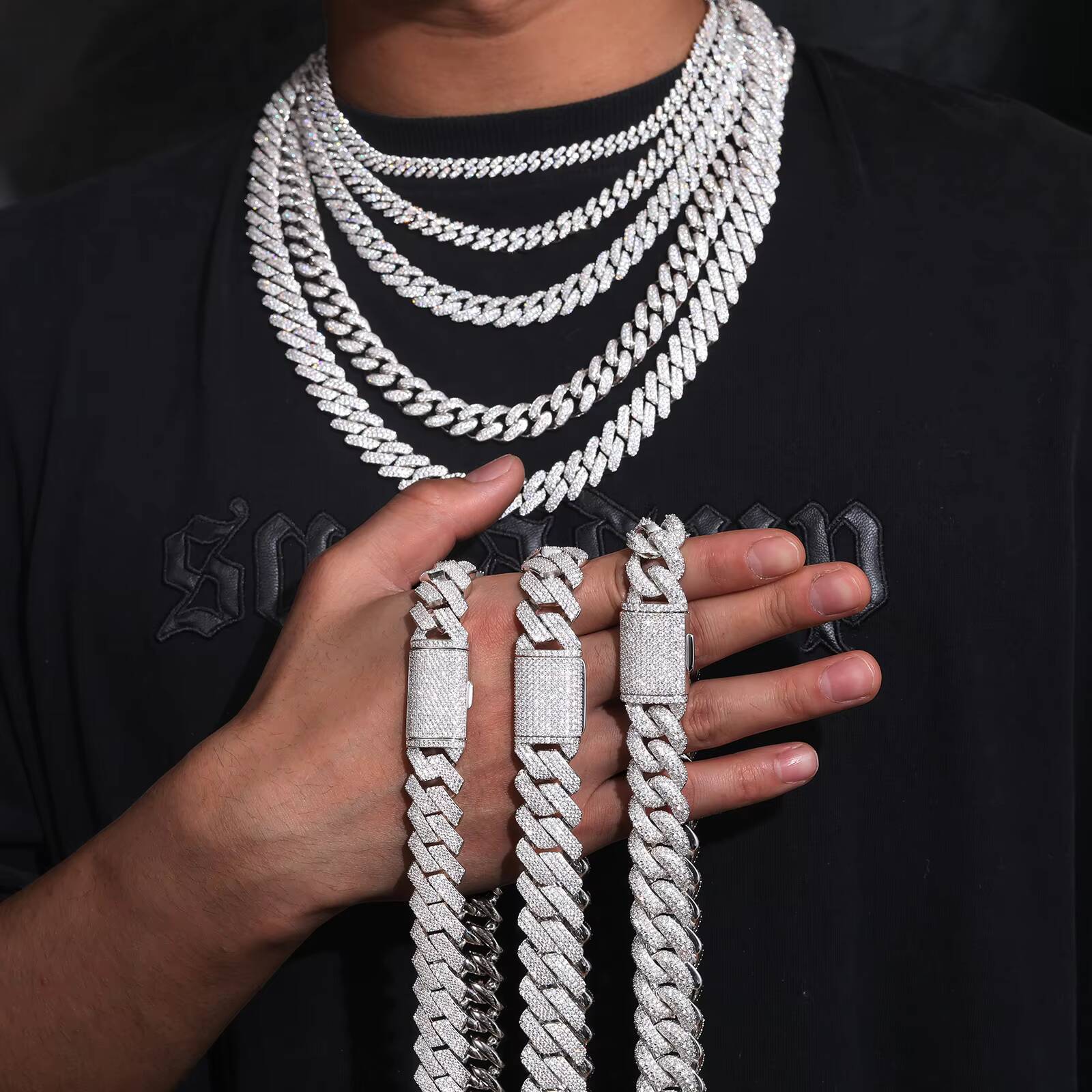 JWY 15mm 925 VVs D Color Moissanite Cuban Link Chains 925 Sterling Silver Iced Out Moissanite Men Chain