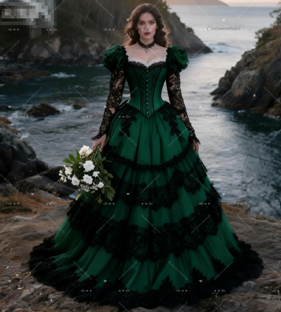 Romantic Victorain Green Wedding Dress With Black Lace Long Sleeve Tiered Medieval Bridal Dress 2026 Vampire Rustic Country Civil Rode De Mariage Vestio De Novias