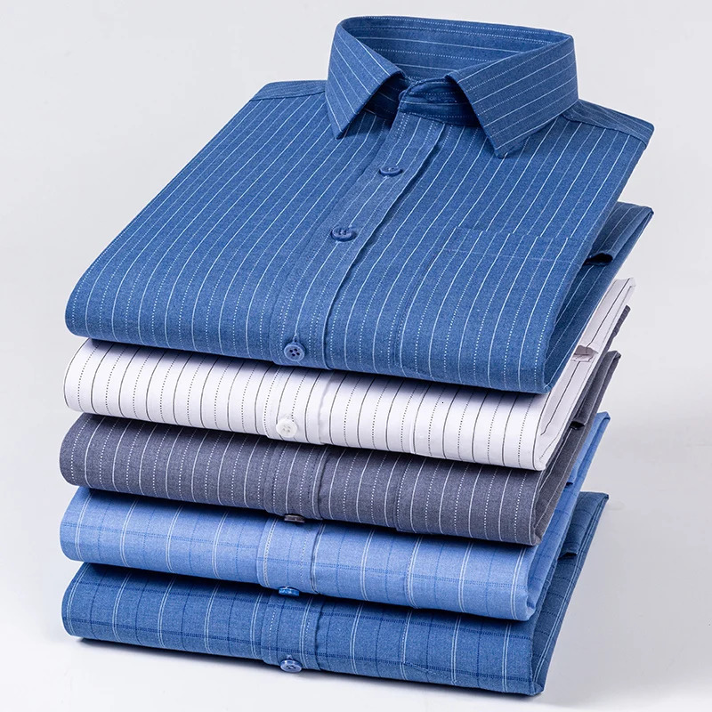 S5XL Mens Striped Shirt Long Sleeve AntiWrinkle Formal Soft Fashion Casual Business Pocket Office Shirts Men Clothing 251230