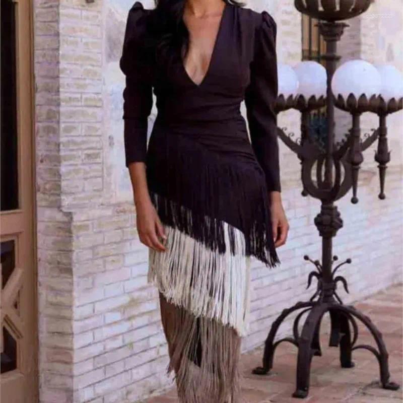 Casual Dresses Autumn Long Sleeve Spliced Tassel Party Woman Elegant Deep V Neck Sheath Dress Fashion Holiday