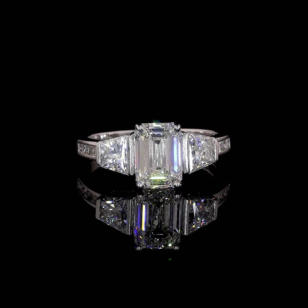 Lab Grown Diamond Ring 3ct D VS1 Emerald Cut CVD 3 Stones Engagement Ring in 14k or 18k Gold VS1 Lab Diamond Ring