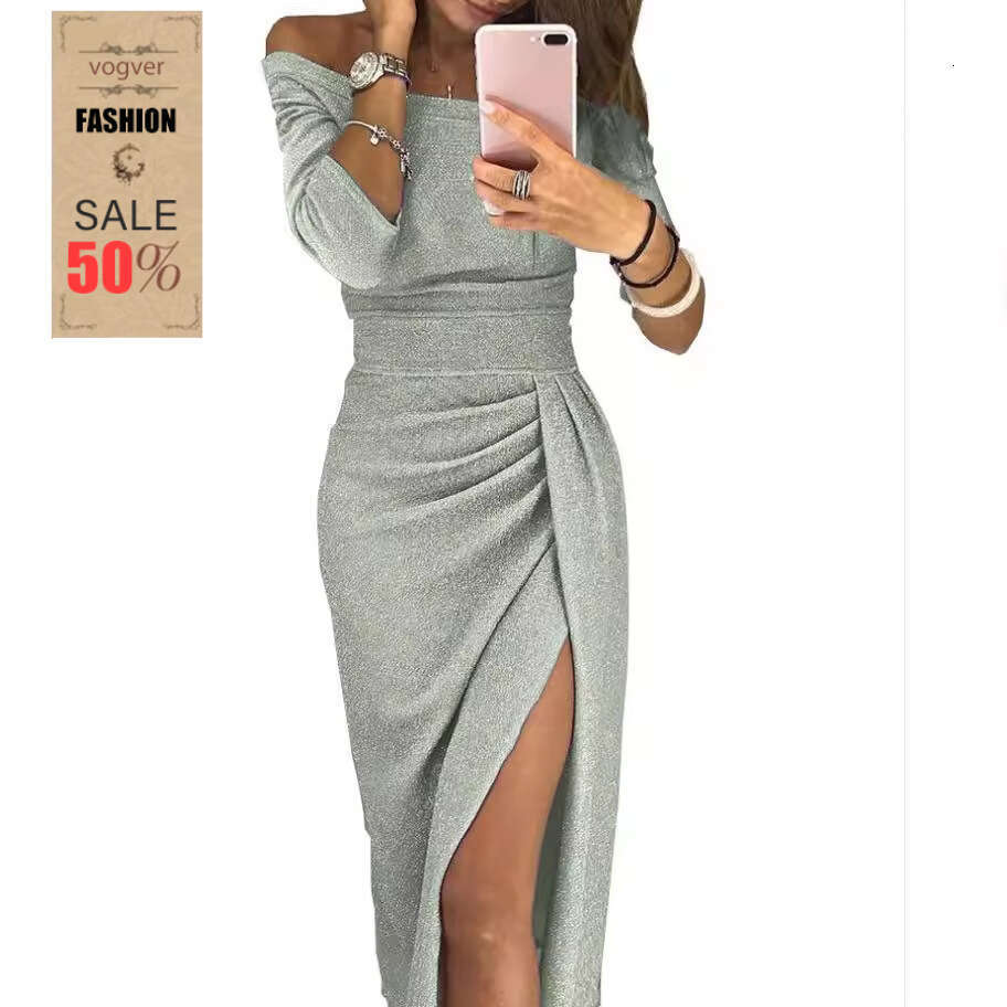 Dress Women's Shiny Non-See-Through Off-Shoulder Slit Bodycon Dress Elegant Evening Gown Dinner Party Ball Celebration Slim Fit Dress