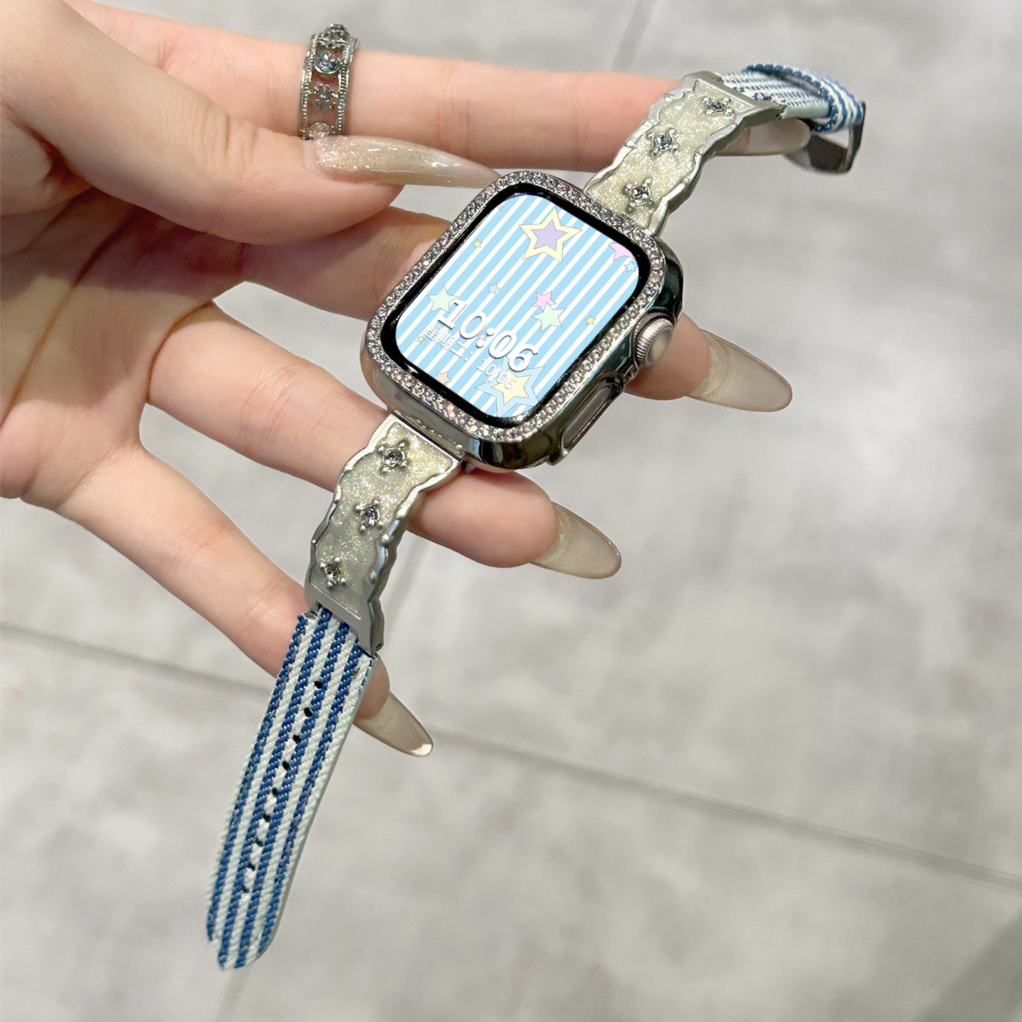 Compatible with Apple S10 Watch Band 9/8 New Blue Stripe Gold Trim Striped Canvas 7/6/5/4/3 NFC Wristband for Women