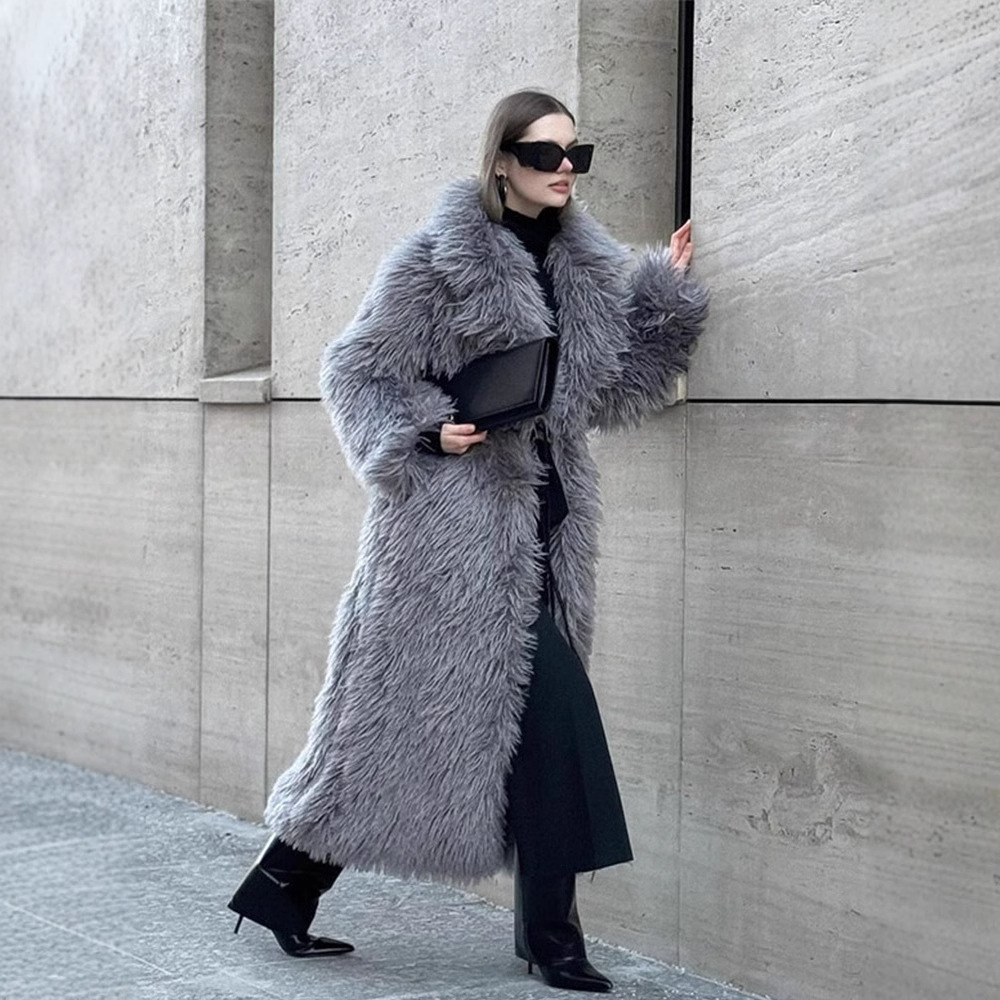 Fashion Gray Long Imitation Fur Coat Women's Lapel Loose Long Sleeves Plush Thick Overcoat Winter
