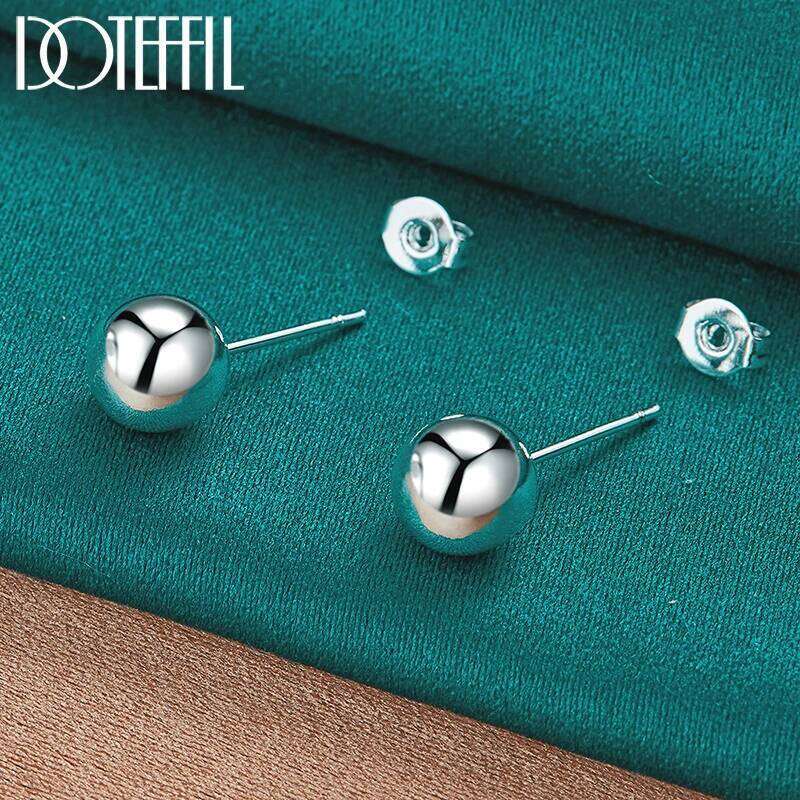 DOTEFFIL 925 Sterling Silver 8mm 10mm Round Smooth Solid Bead Ball Stud Earrings For Women Wedding Engagement Party Jewelry