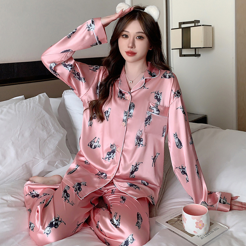 Silk Satin Women Pajama Set Floral Long Sleeve Top Full-Length Pants Wrap V Neck Lace-Up 2 Piece Sleepwear Nightwear Homwear 240913