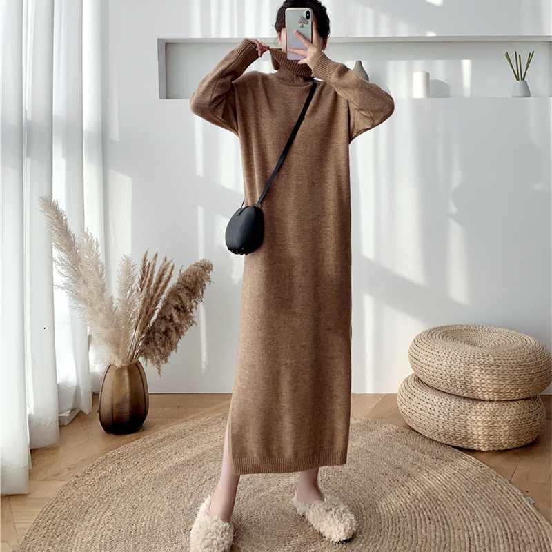 REALEFT Autumn Winter Loose Turtleneck Straight Women Sweater Dresses Long Sleeve Warm Knitted Chic Long Dresses Female 240729