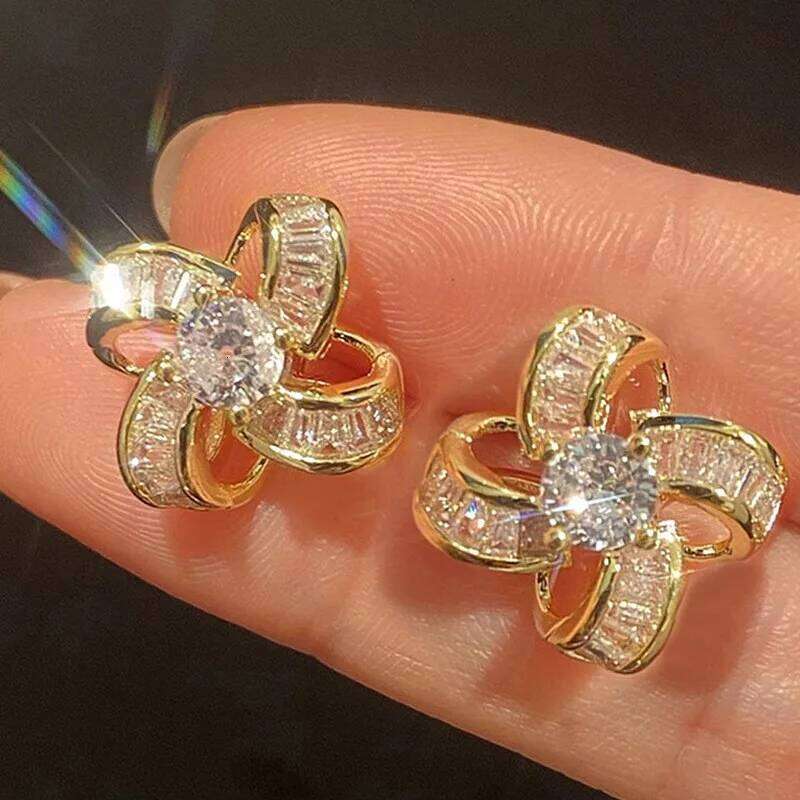 Flower Earrings for Women Trendy Korean Style Accessories with Bright Zirconia Gold Color Jewelry Gifts
