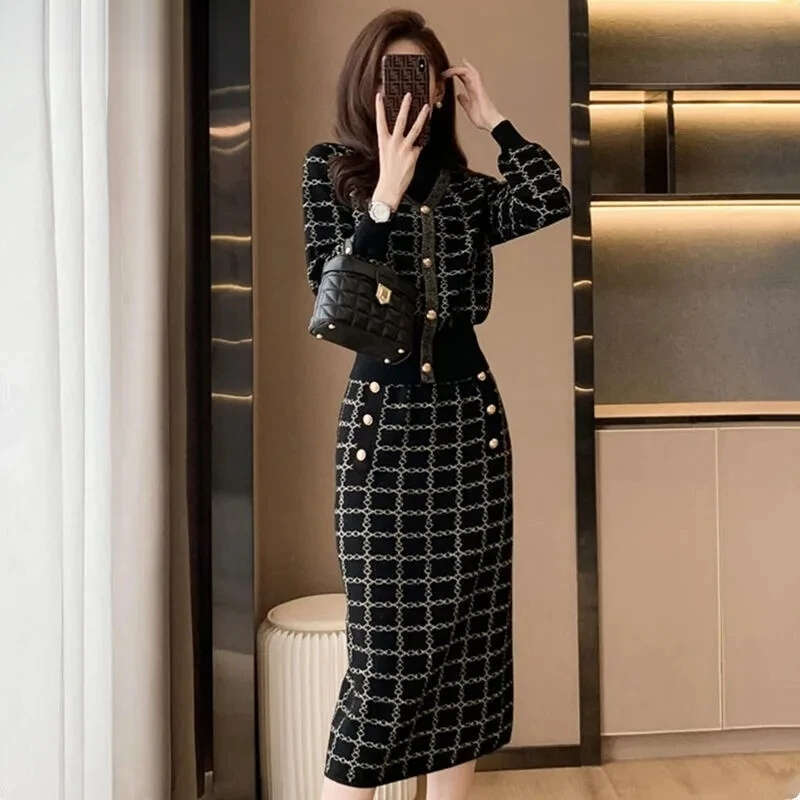 Mardi Hefxessdr Casual Sweater Tracksuit Slim Plaid Vintage Knit Skirt Piece Set Fashion Short Tops Bodycon Faldas Elegant Formal Ensembles